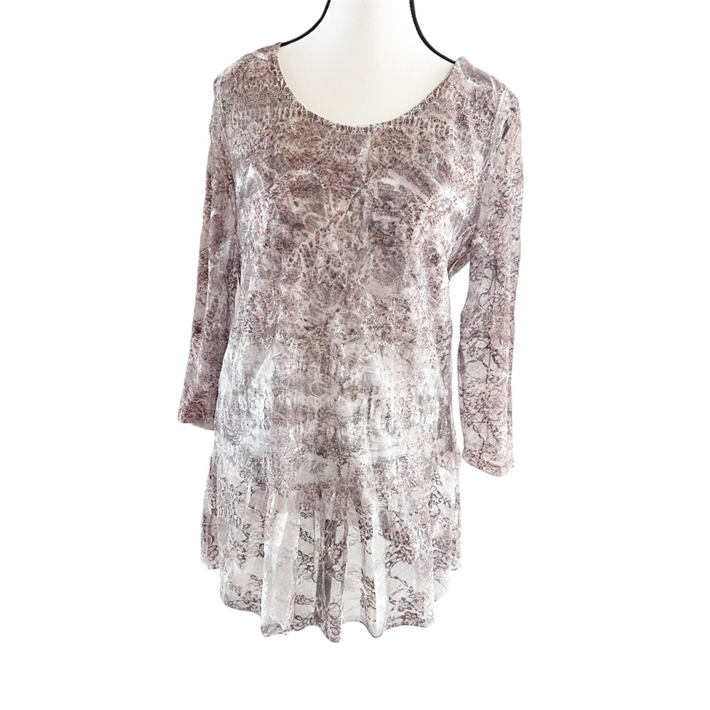CAL Style Sheer/Lace Ruffled Taupe Tunic - Women's 3/4 Sleeve Flowy Size Small